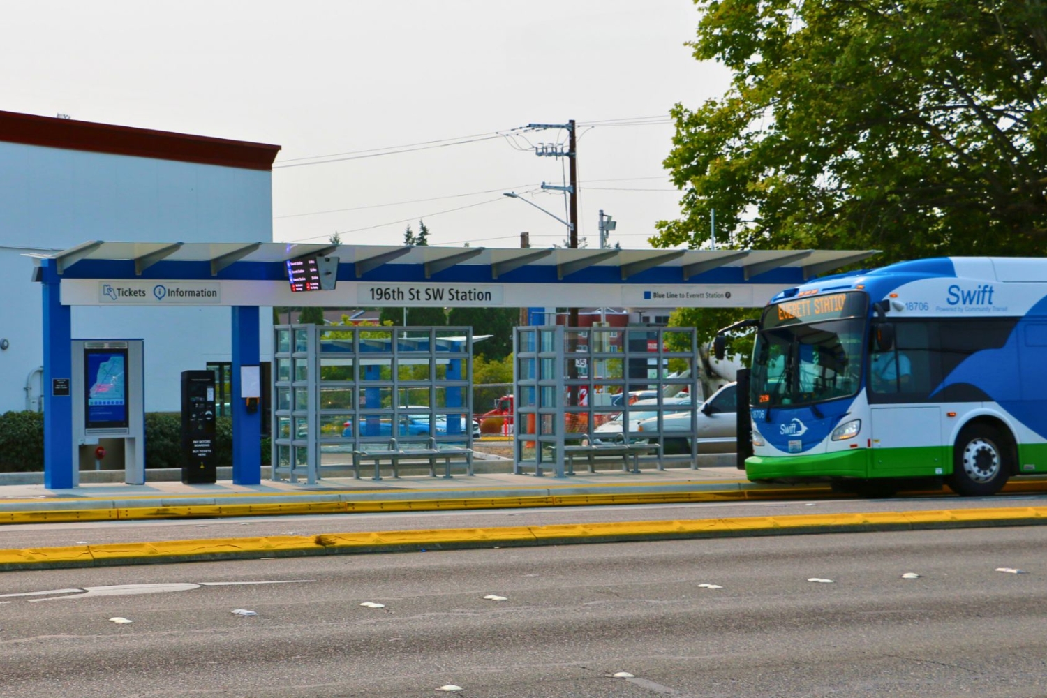 A Community Transit Swift Blue Line bus serves the 196th Street SW Station on it's first day of service, August 21, 2023