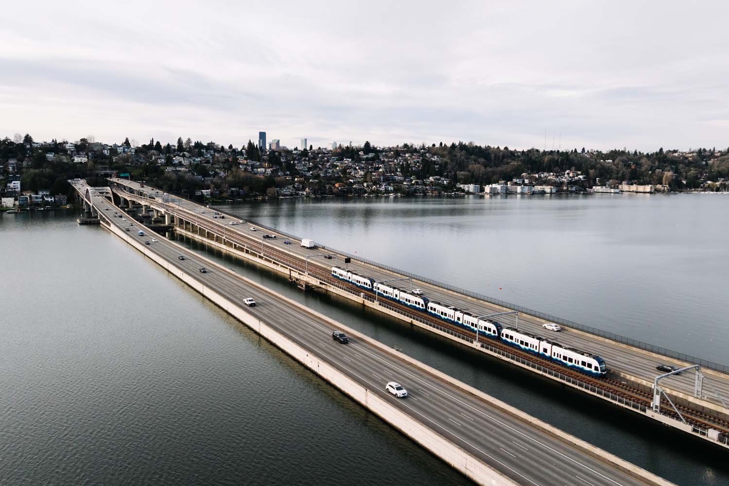 a Link light rail 2 Line train travels across Lake Washington