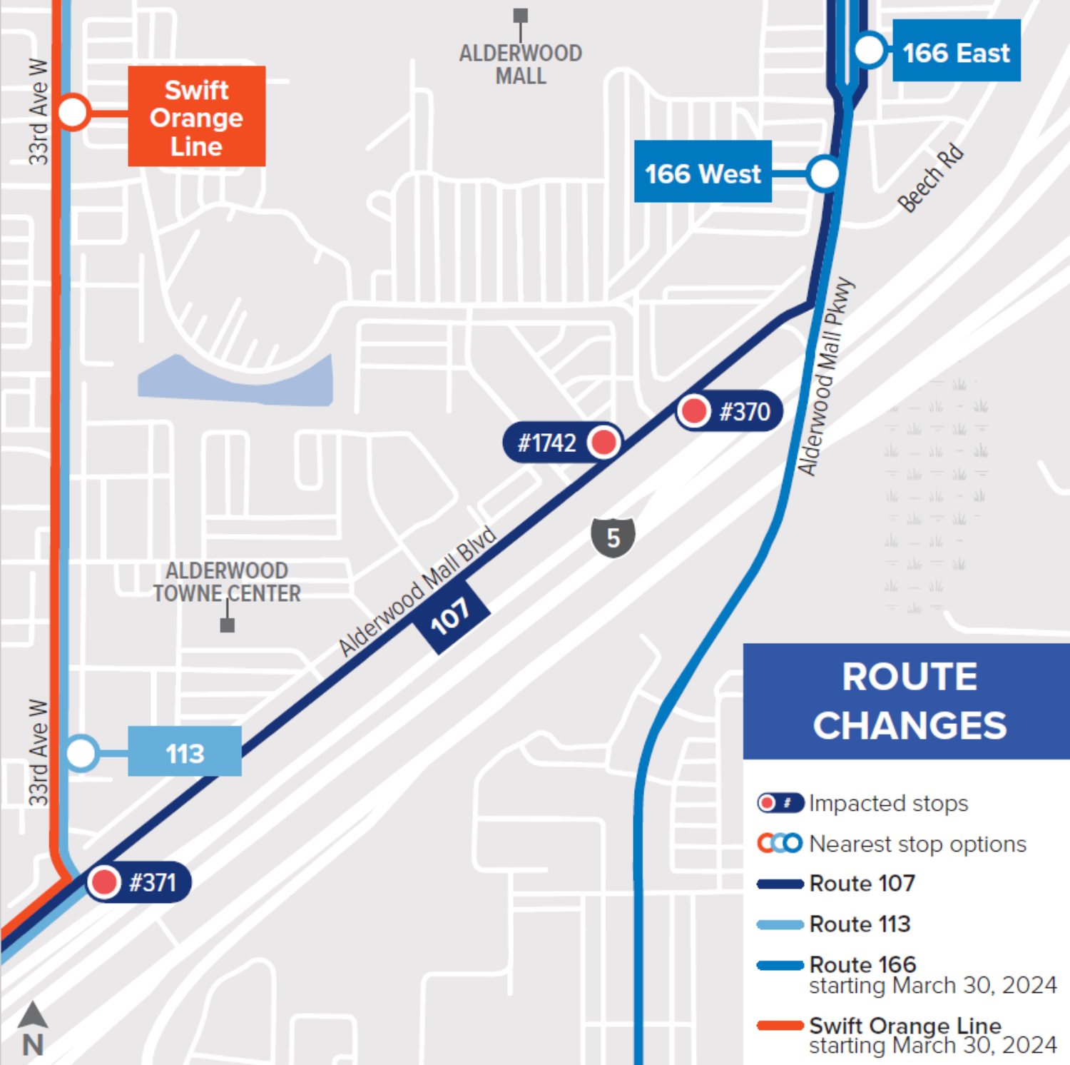 Stops #370, #371, and #1742 will have limited service. There are nearby stops along Alderwood Mall Pkwy and 33rd Ave W,