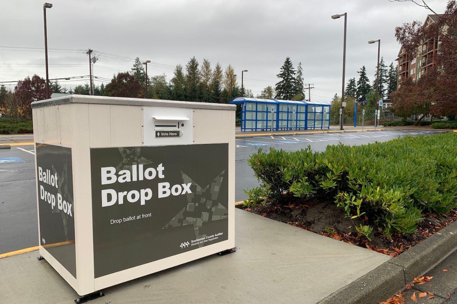 A ballot drop box at Ash Way Park & Ride