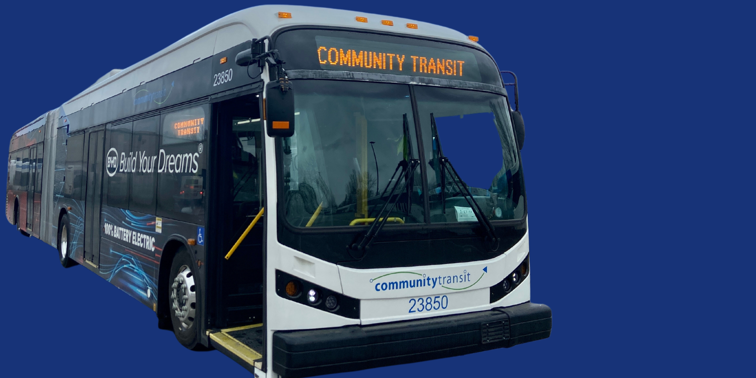 A Build Your Dreams 60-foot electric bus branded with Community Transit's logo