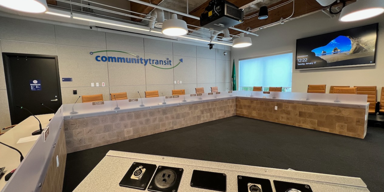 A picture of Community Transit's board room located in their Cascade Administrative Building in Everett, WA.
