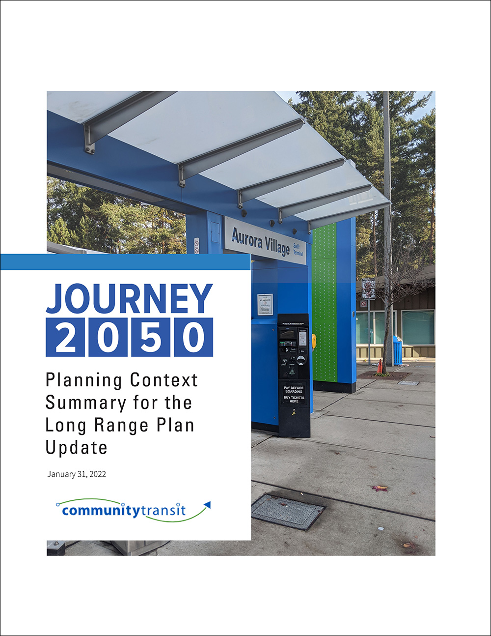 This is a picture of the cover for the Planning Context memo. It includes a picture of the Aurora Village Swift station.