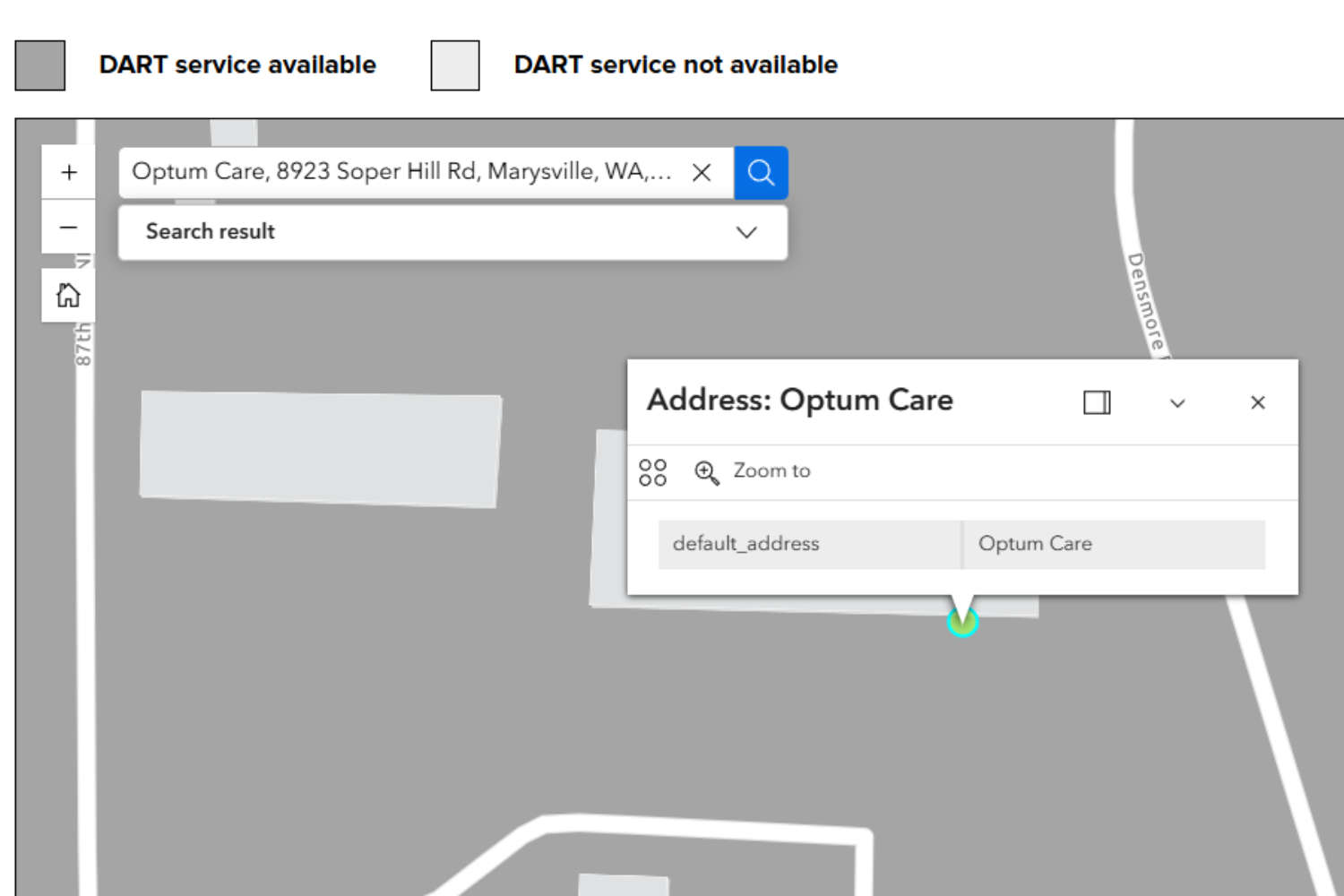 A zoomed in screenshot of the DART interactive map showing a destination within the service area