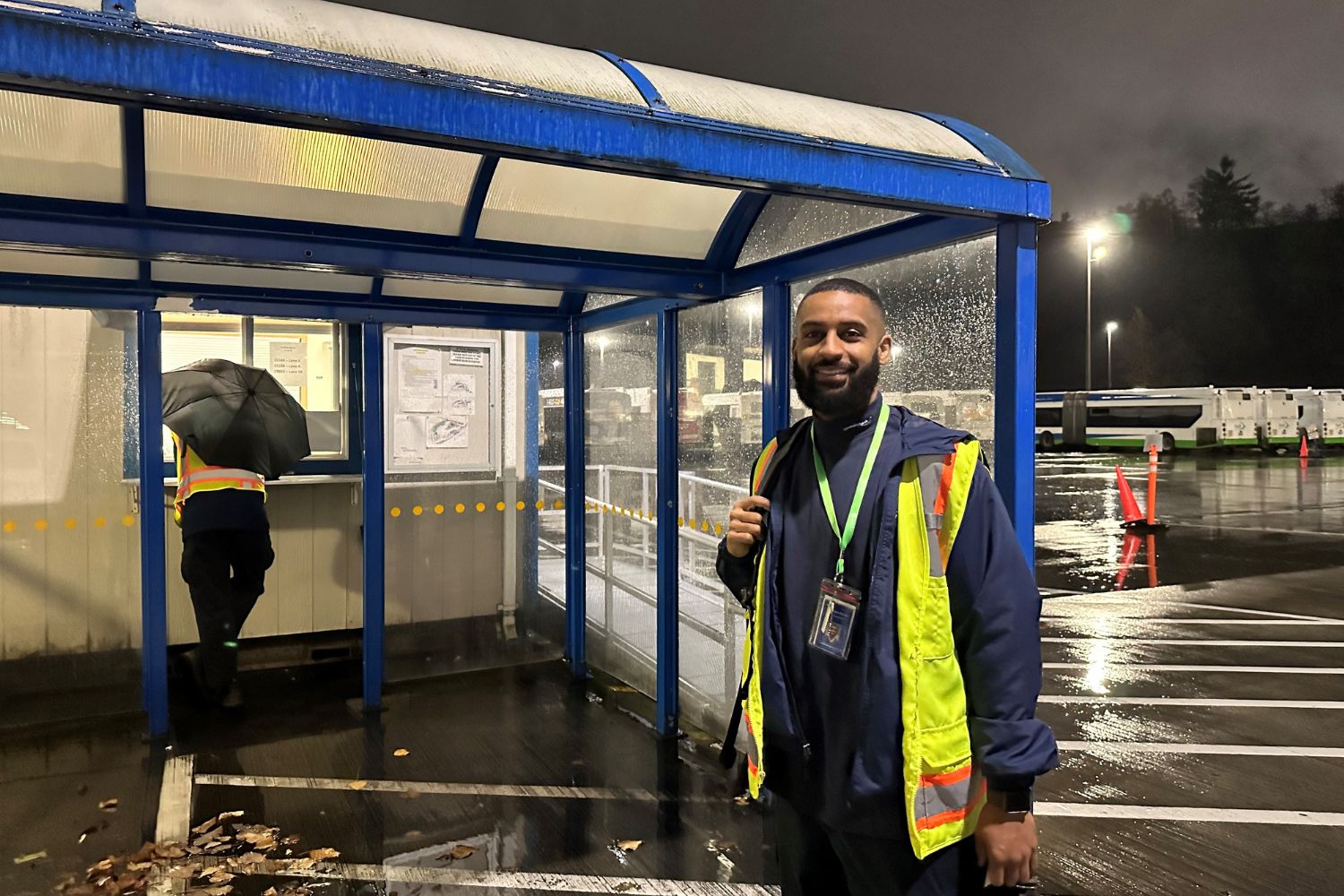 Community Transit driver Abraham Berhe stands out front of the yard shack in the morning.