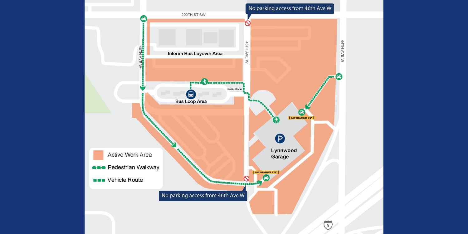 Lynnwood Transit Center Parking Garage Map  showing no parking access from 46th Ave W