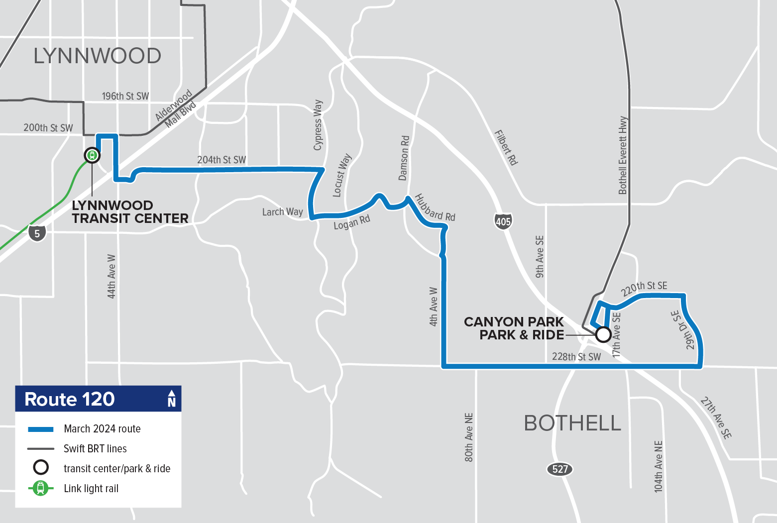 Map of Route 120: Lynnwood – Bothell