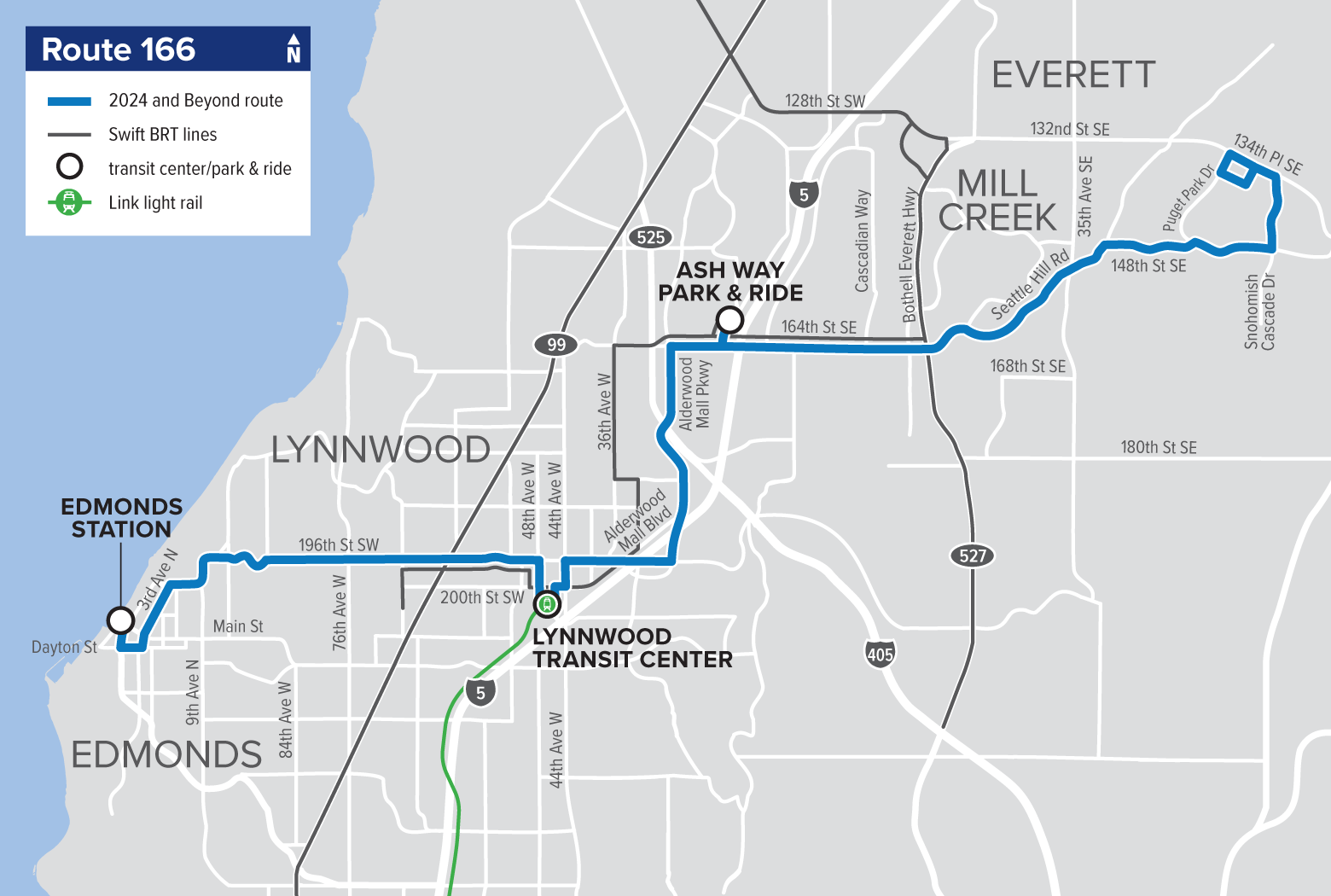 Map of Route 166: Edmonds – Silver Firs