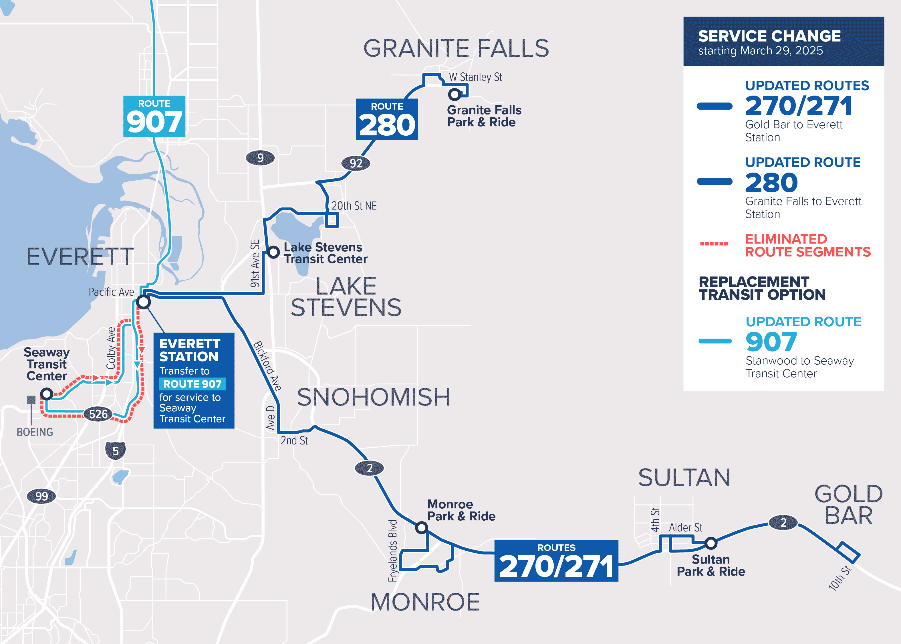 A map showing the changes happening to Routes 270, 271, and 280 starting March 29.