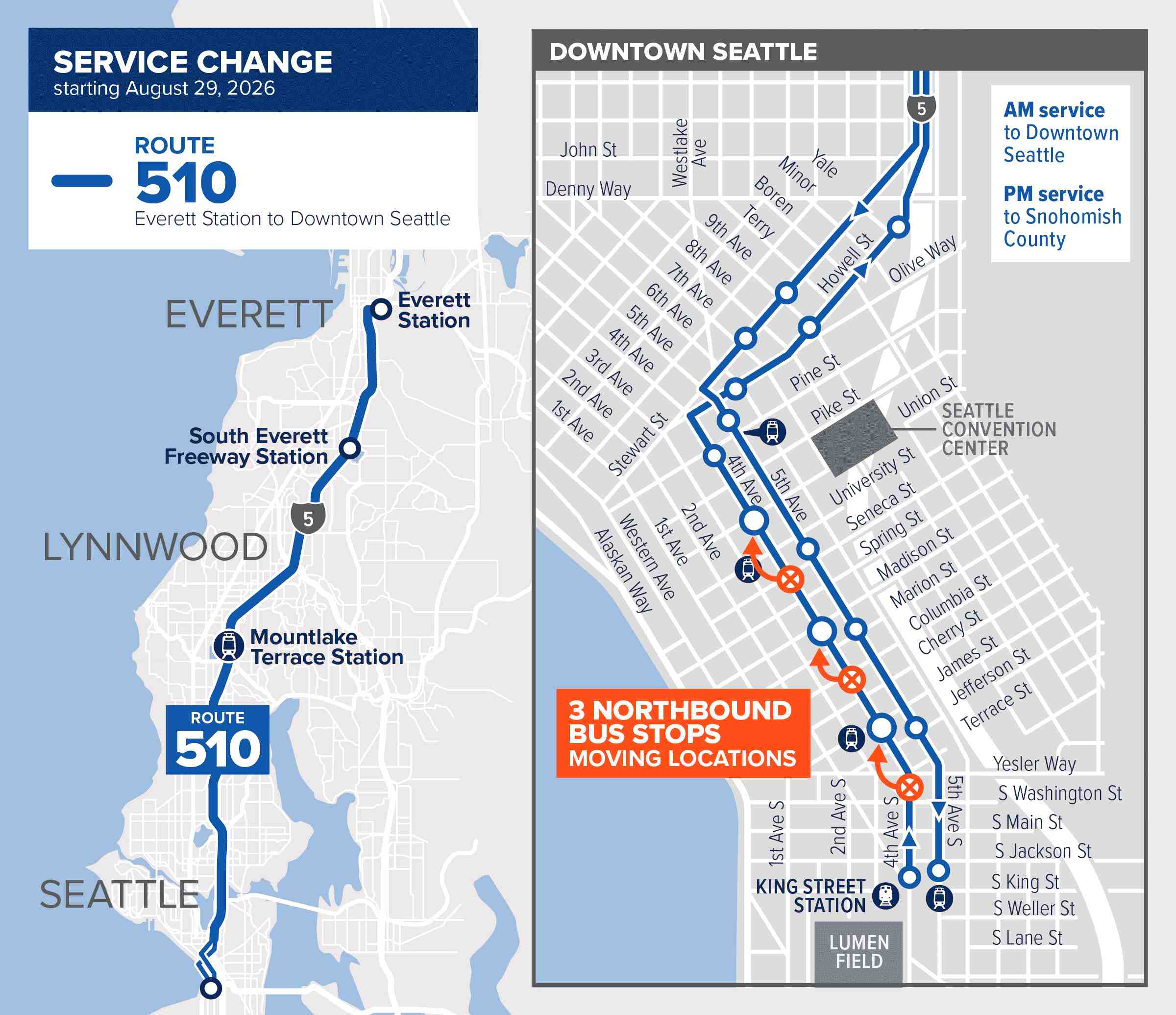 map510-Aug29 A map showing stop changes in Seattle for Sound Transit Express route 510
