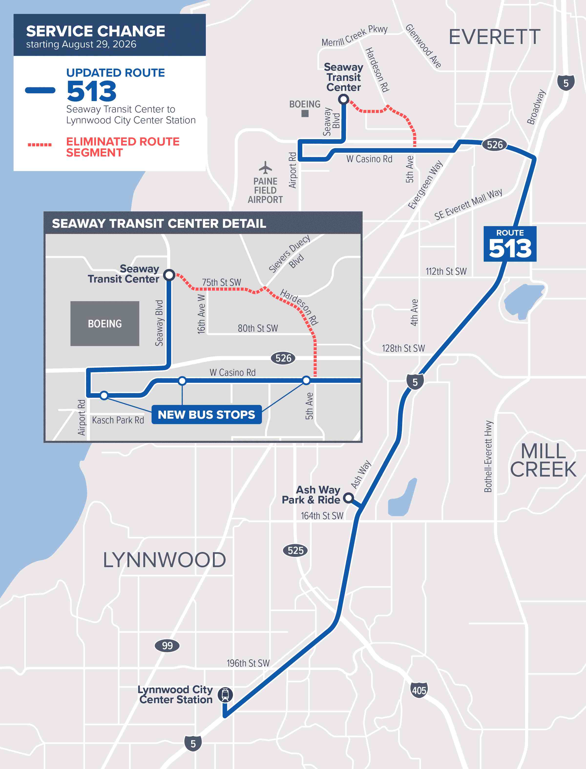 map513-Aug29 A map showing stop and route changes to Sound Transit Express route 513