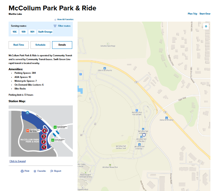 A screenshot of the new Park & Ride page.