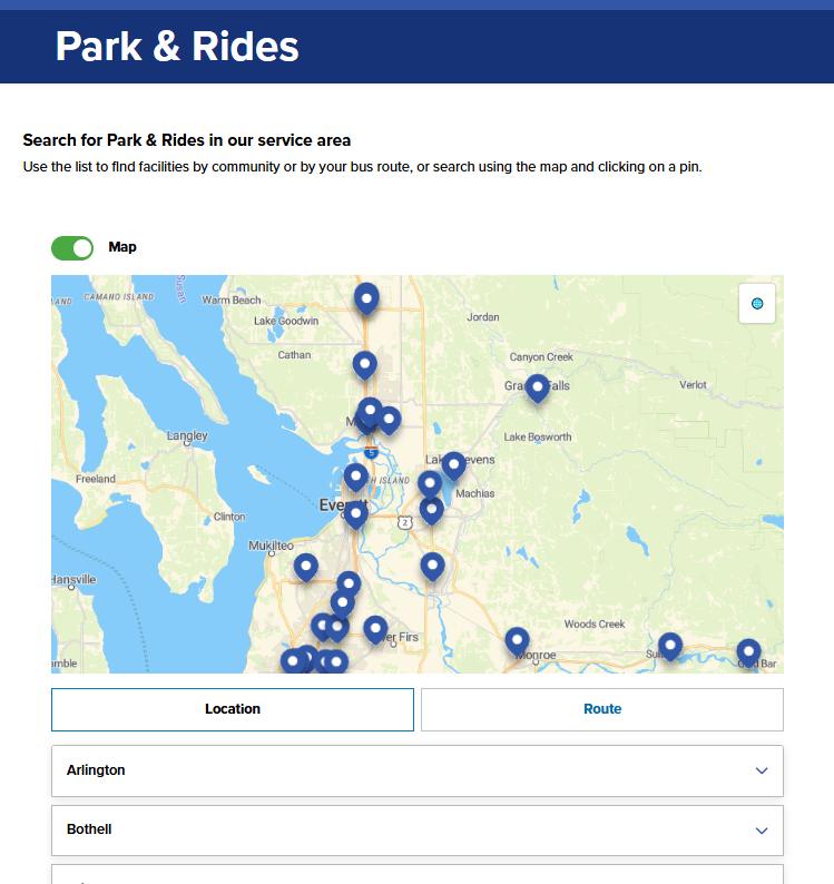 An image showing what the top of the Park & Ride page looks like. It includes a map and location and route information.