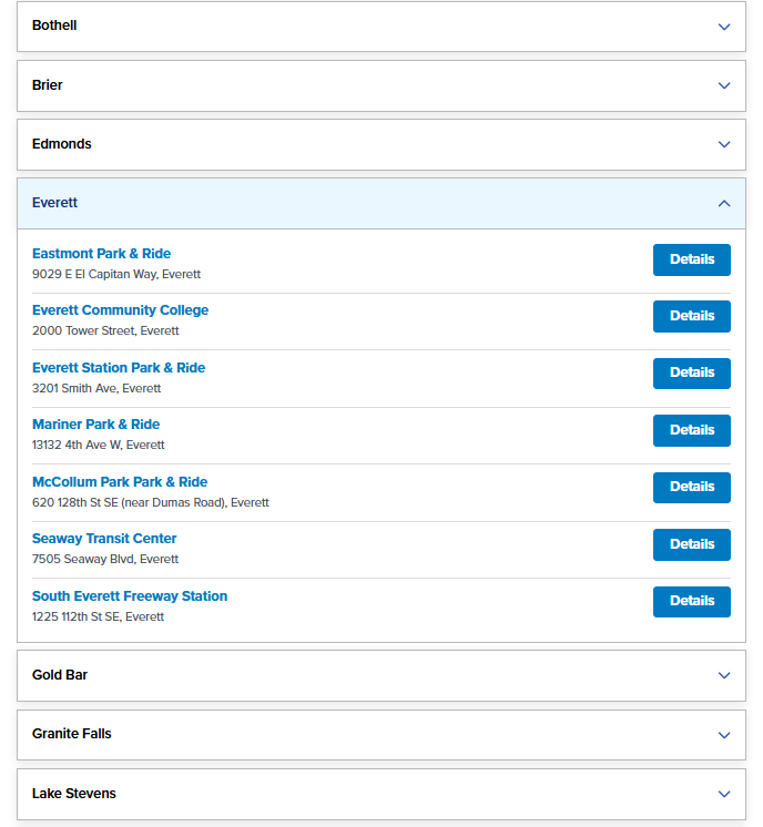 An image of the new Park & Ride webpage and where you select which Park & Ride you are interested learning more about.