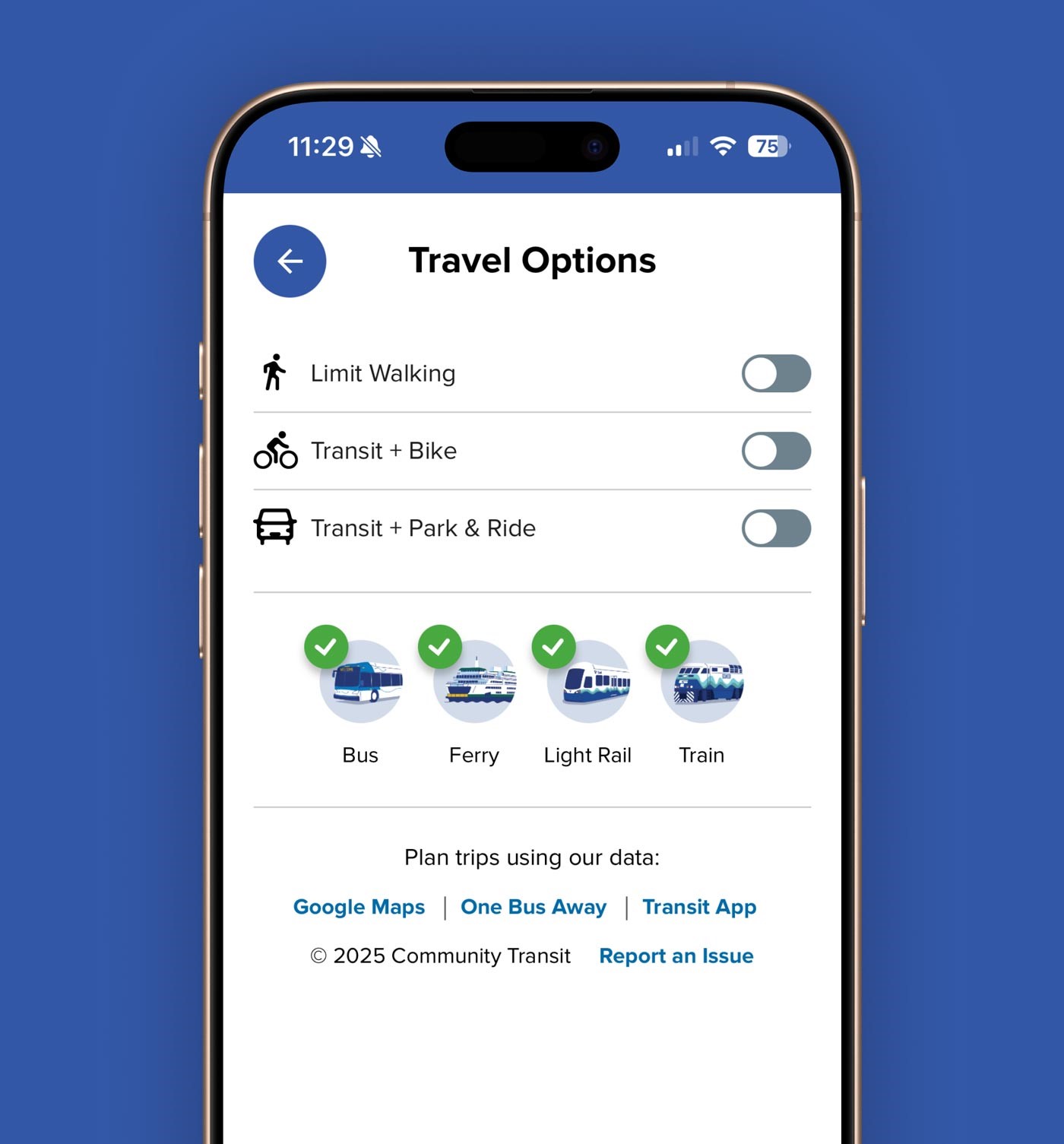 A picture of a cell phone with the Plan My Trip tool open. The travel options screen is open.