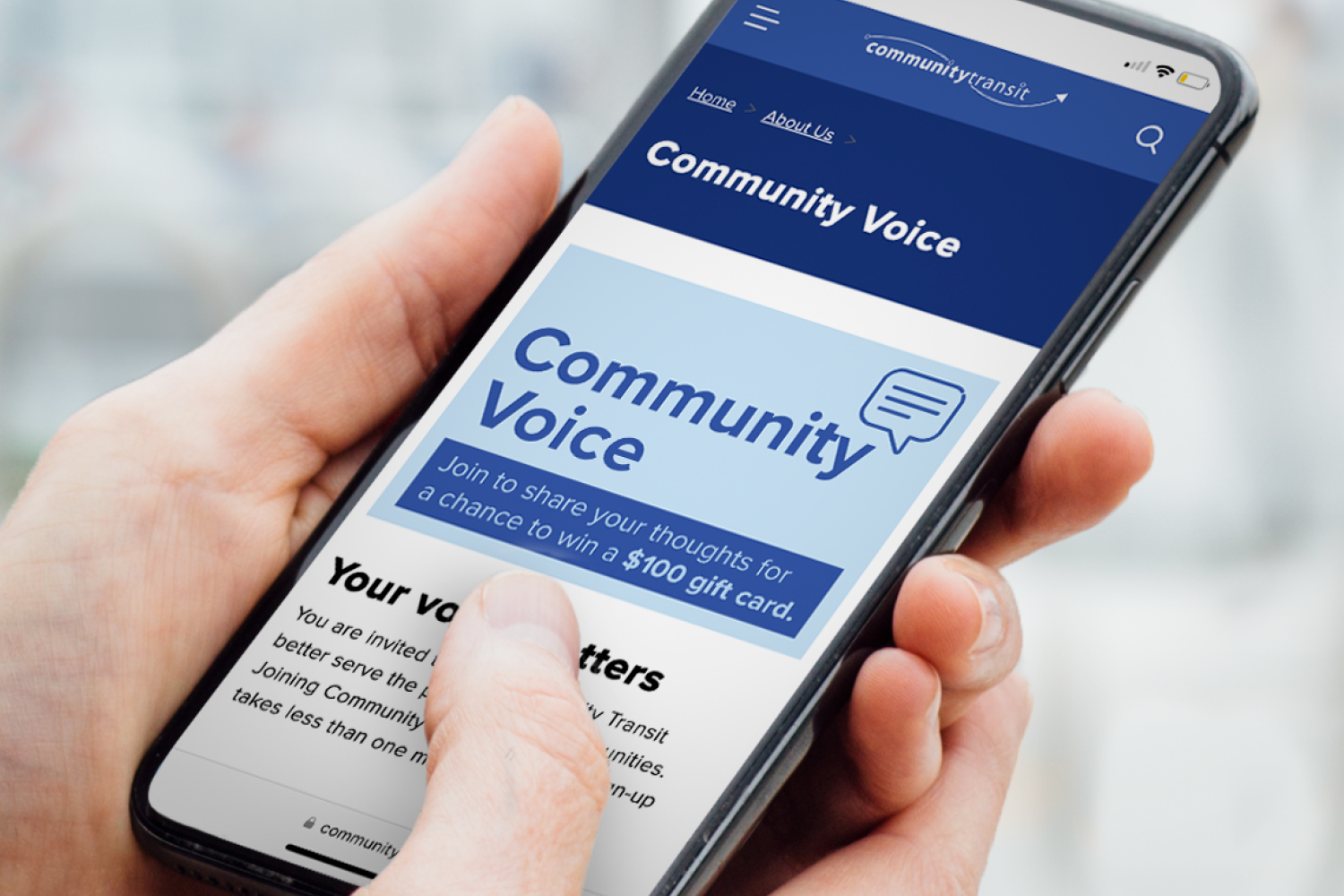 Community Voice web page on mobile device