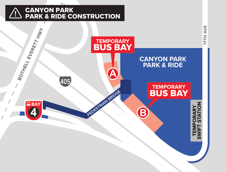 a map of temporary bus stop relocations during construction at Canyon Park Park and Ride - July 2026