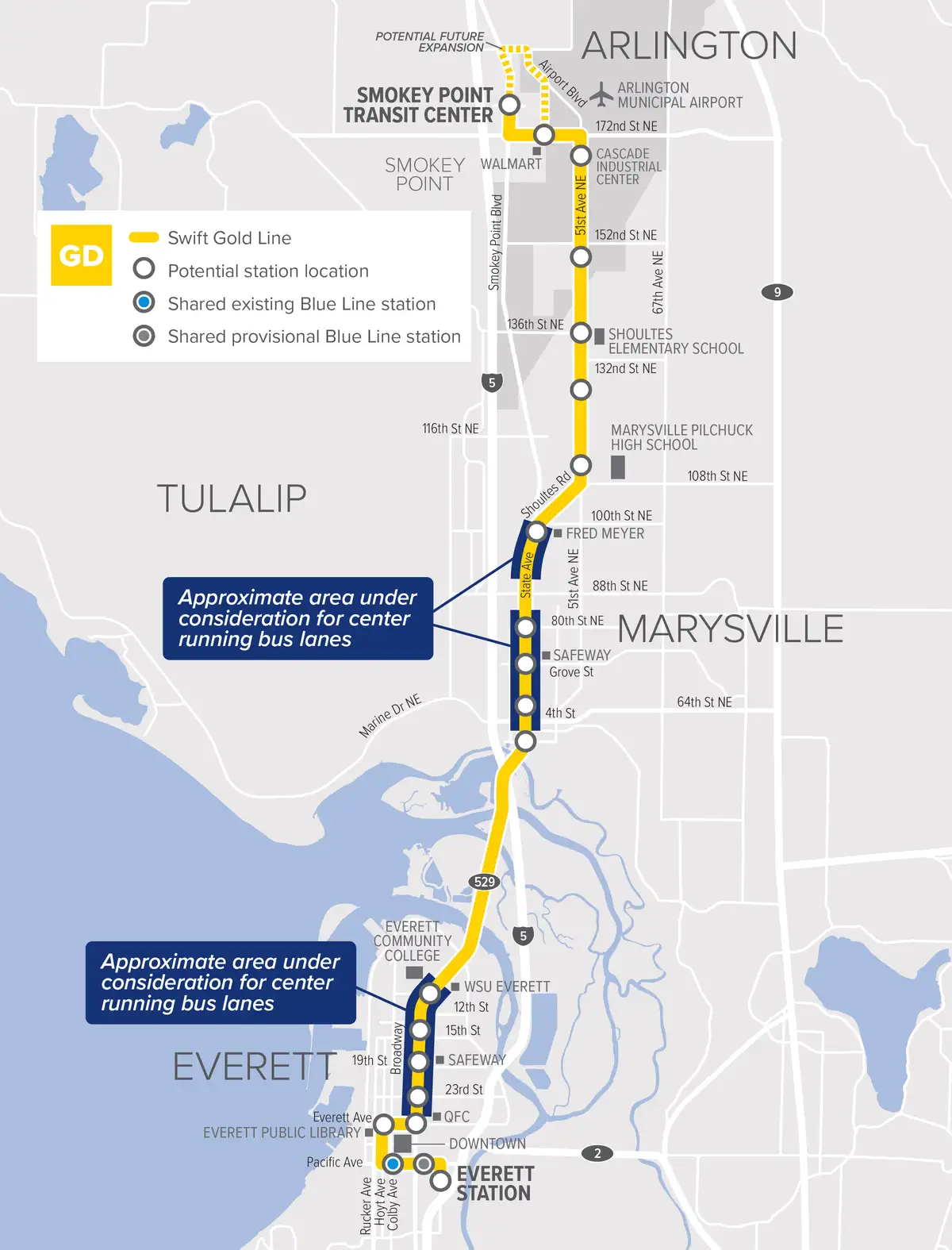 Swift Gold Line corridor and proposed stations map