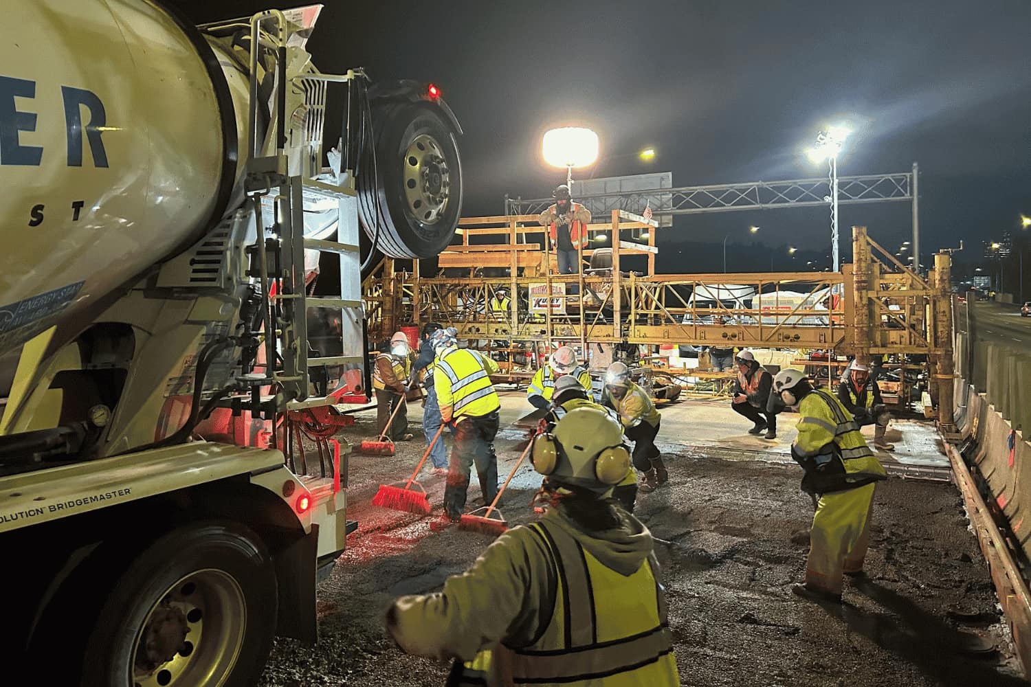 WSDOT contractor crews working on a section of the northbound bridge in early April 2026.