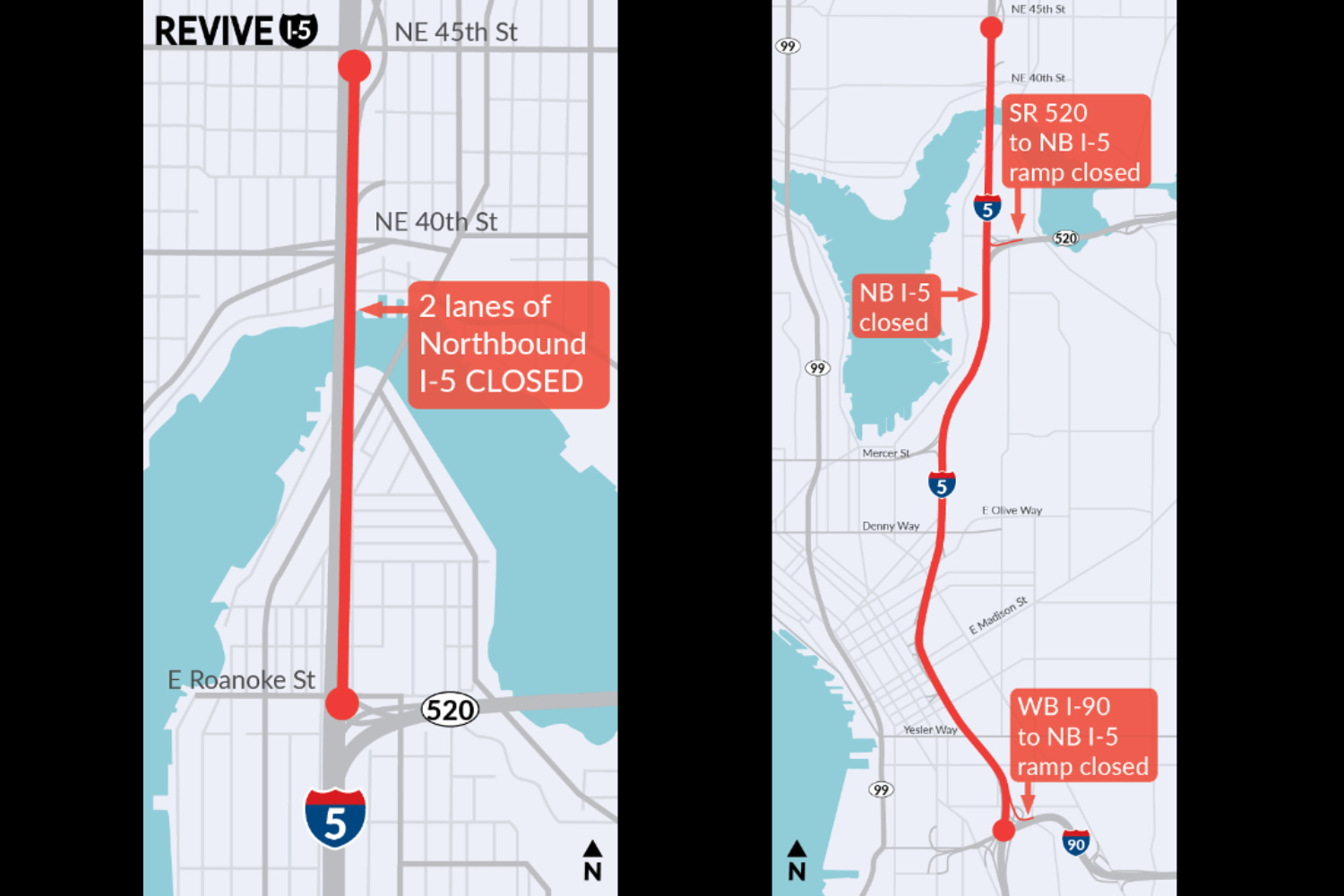 Revive I-5 Update for January 9, 2026 WSDOT maps showing lane closures on northbound I-5 between NE 45th St and E. Roanoke St