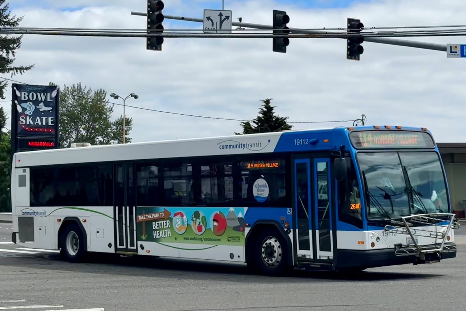 Community Transit's route 114 passes in front of the Bowl and Skate in Lynnwood.