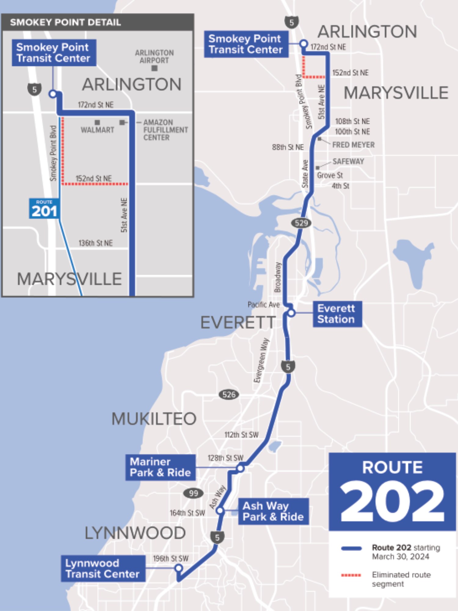 Route 202 will still travel from Smokey Point to Lynnwood. Route 202 will continue north on 51st Ave. NE and turn to the west on 172nd St. NE before traveling to Smokey Point Transit Center.  
