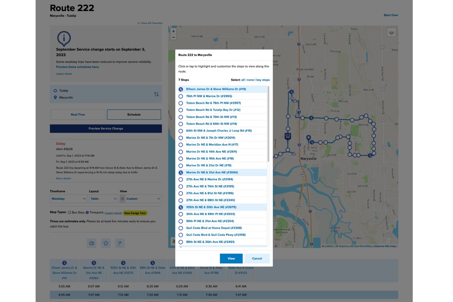 An example of using the Custom view to select stops you want to see or print