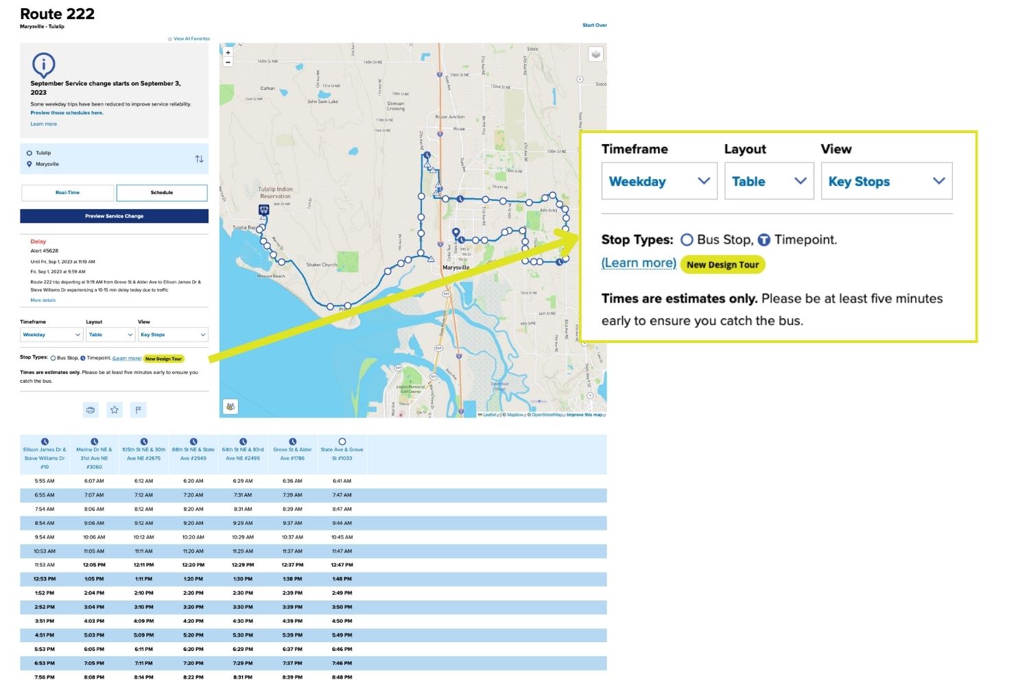 A screenshot of Route 222 showing a new default view for online schedules. 