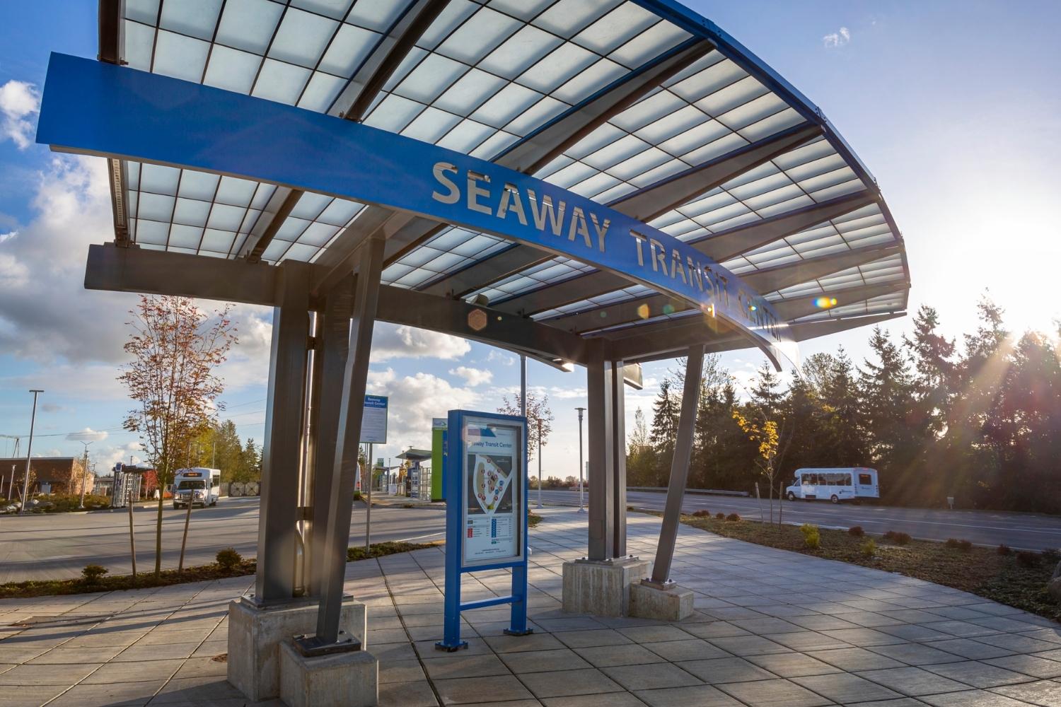 A picture of the Seaway Transit Center sign on a sunny day.