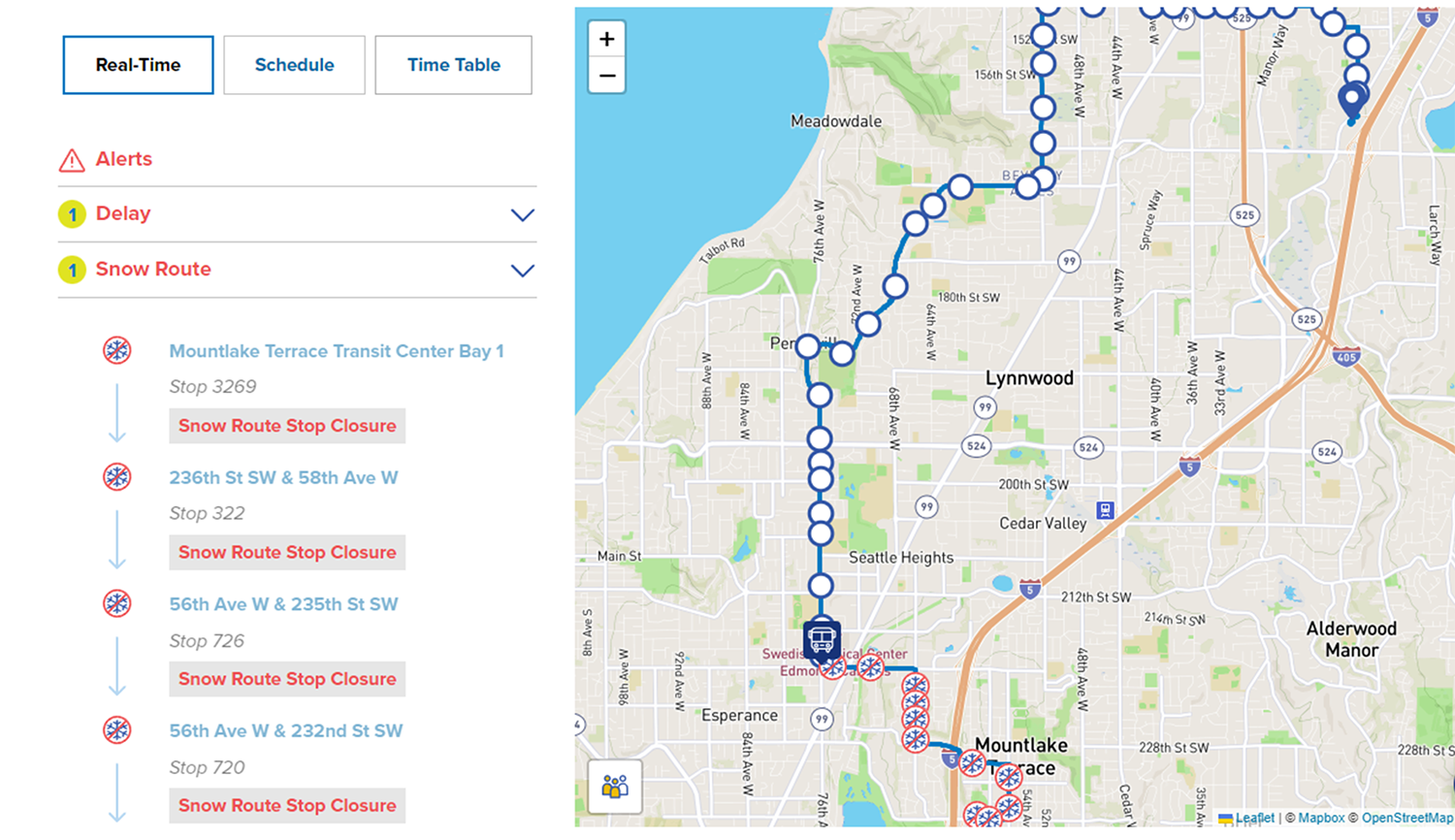 Example of a snow route on a realtime map in Find My Bus