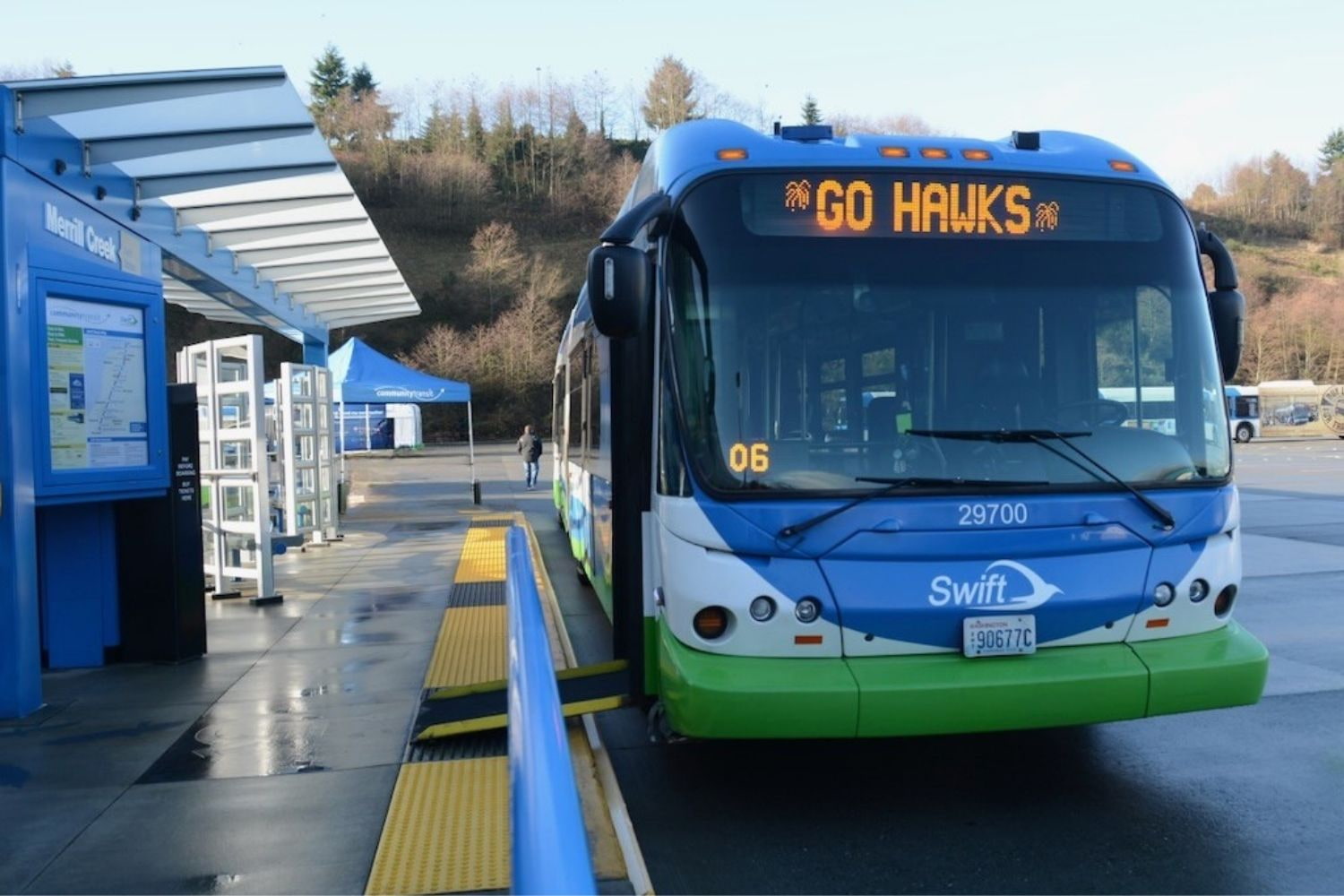 A Swift bus has "GO HAWKS" on their destination sign in support of the Seattle Seahawks playoff run January 17.