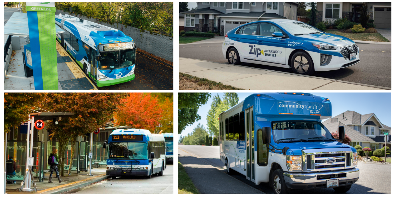 A collage of Community Transit vehicles--  Swift Bus. DART paratransit, local bus, and Zip Alderwood Shuttle