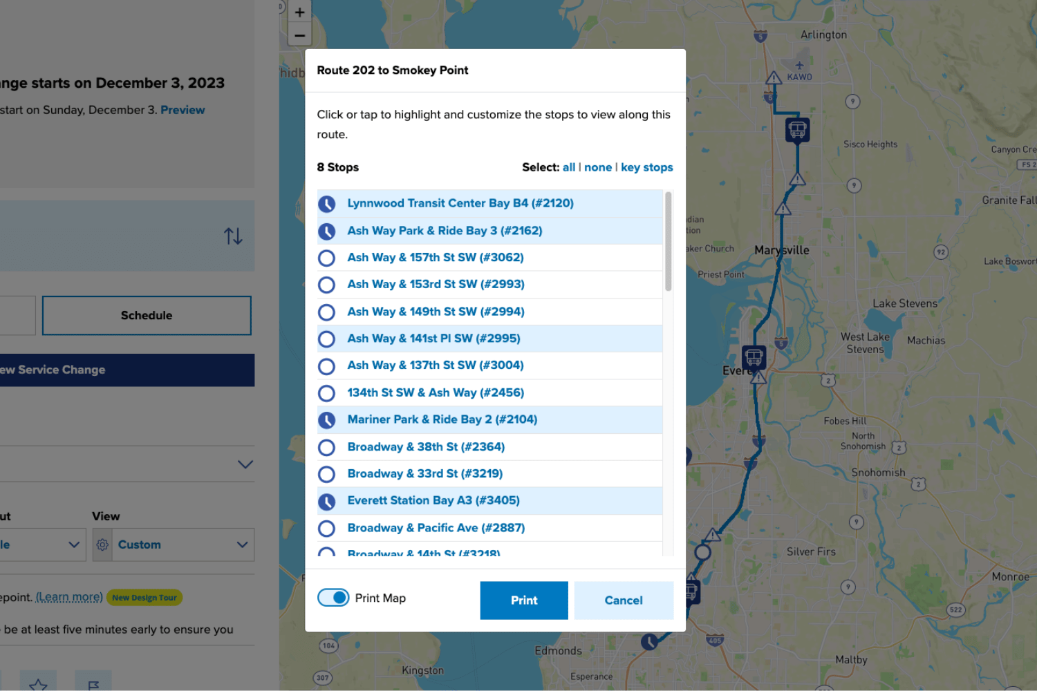 A screenshot of the route map function on the Community Transit website