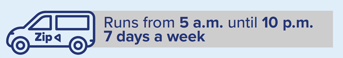 Zip runs from 5am unitl 10pm 7 days a week