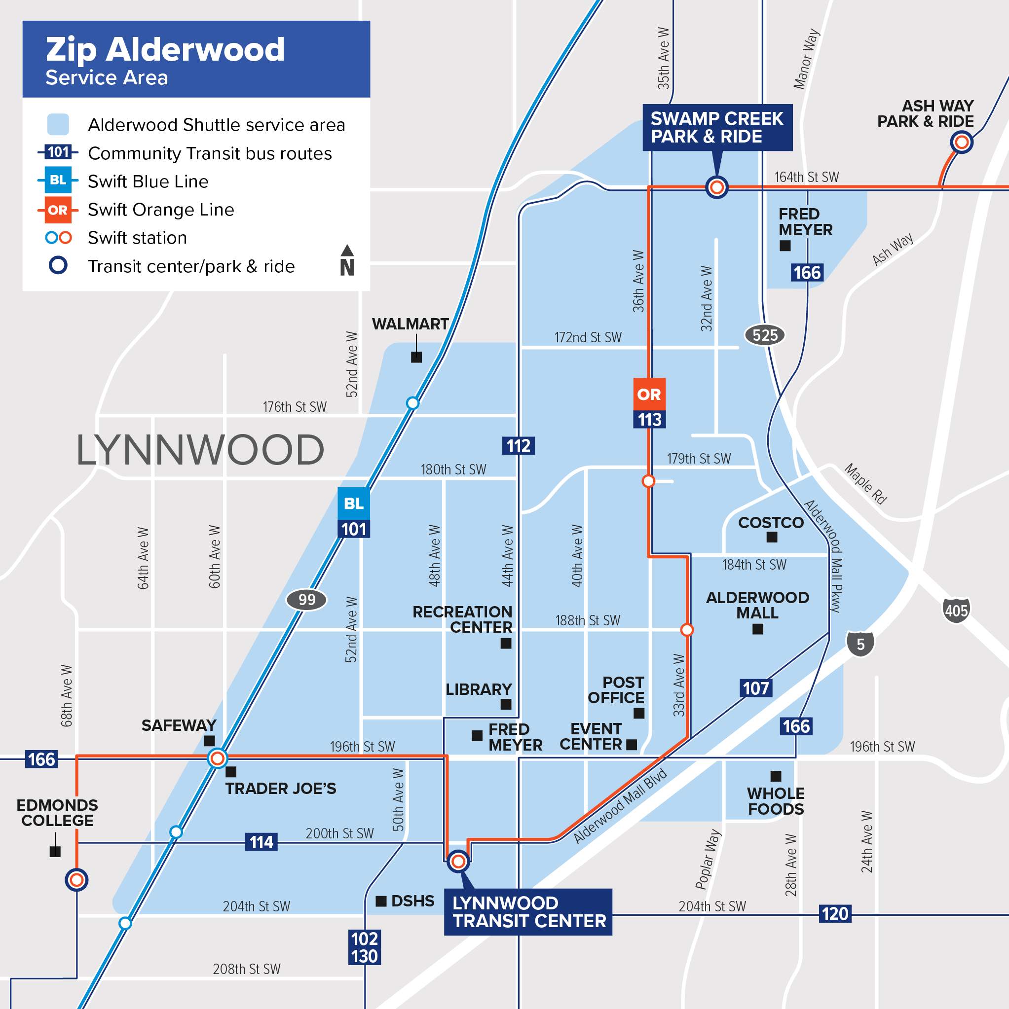 A map of the Zip Alderwood Shuttle service area. 