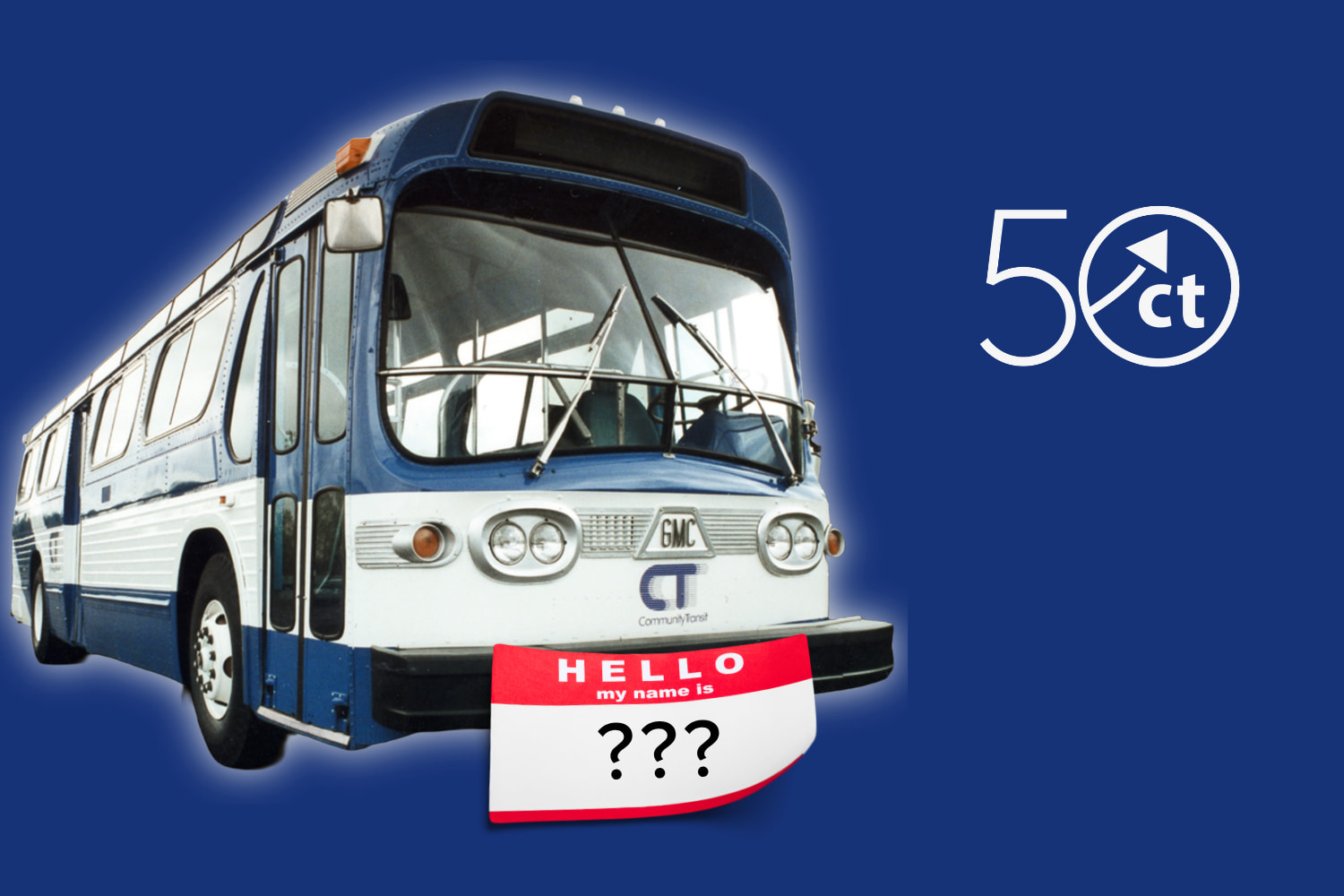 A photo of Community Transit's 1959 GMC bus on a blue background. A 50th Anniversary logo is placed next to it.