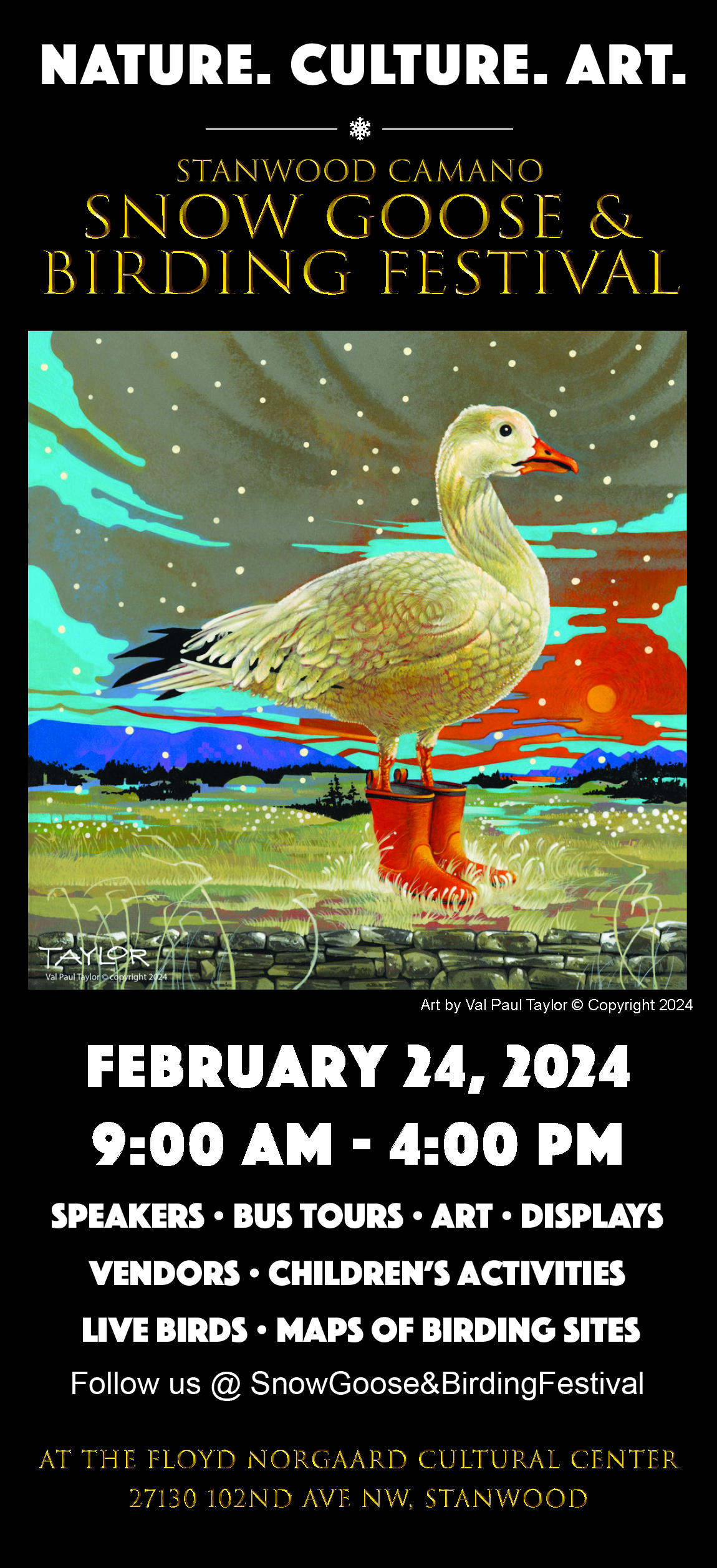 Promotional artwork for the 2024 Stanwood Camano Snow Goose & Birding Festival