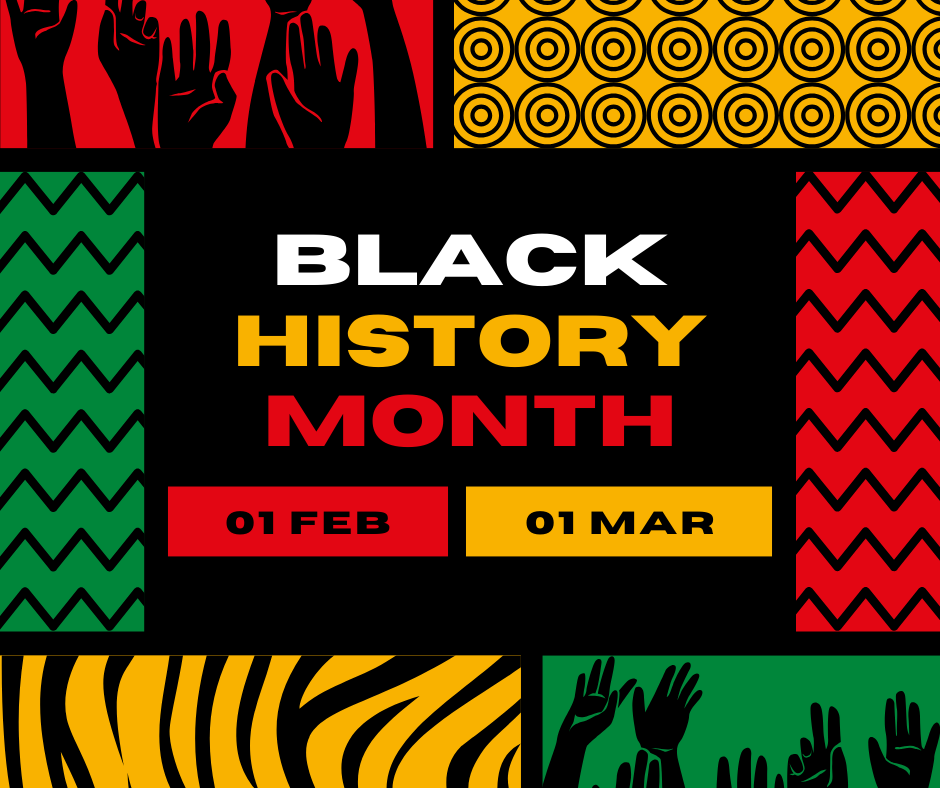 An image celebrating Black History Month, with red, yellow and green.