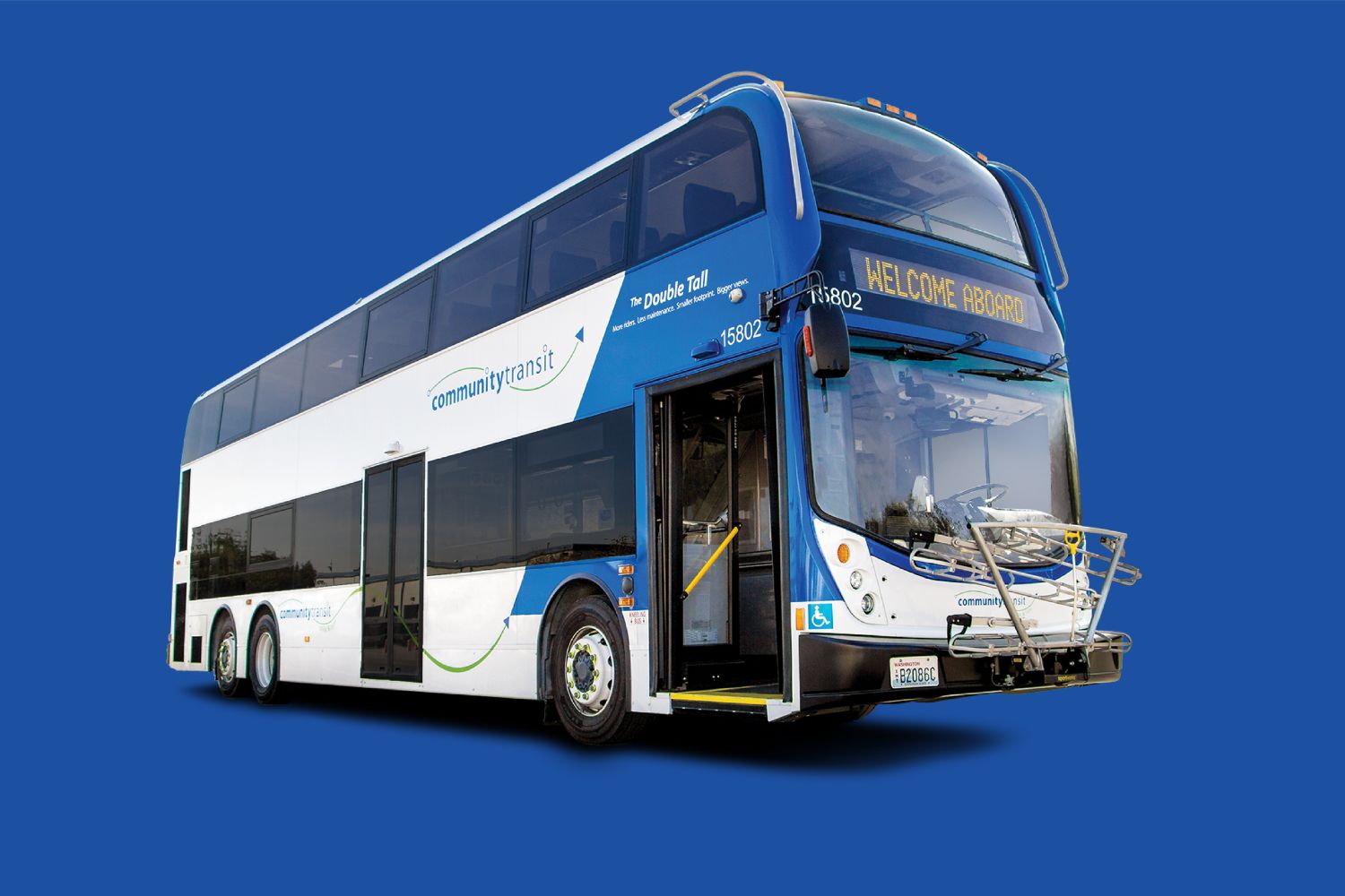 Community Transit Double Tall double-decker bus on a blue background.