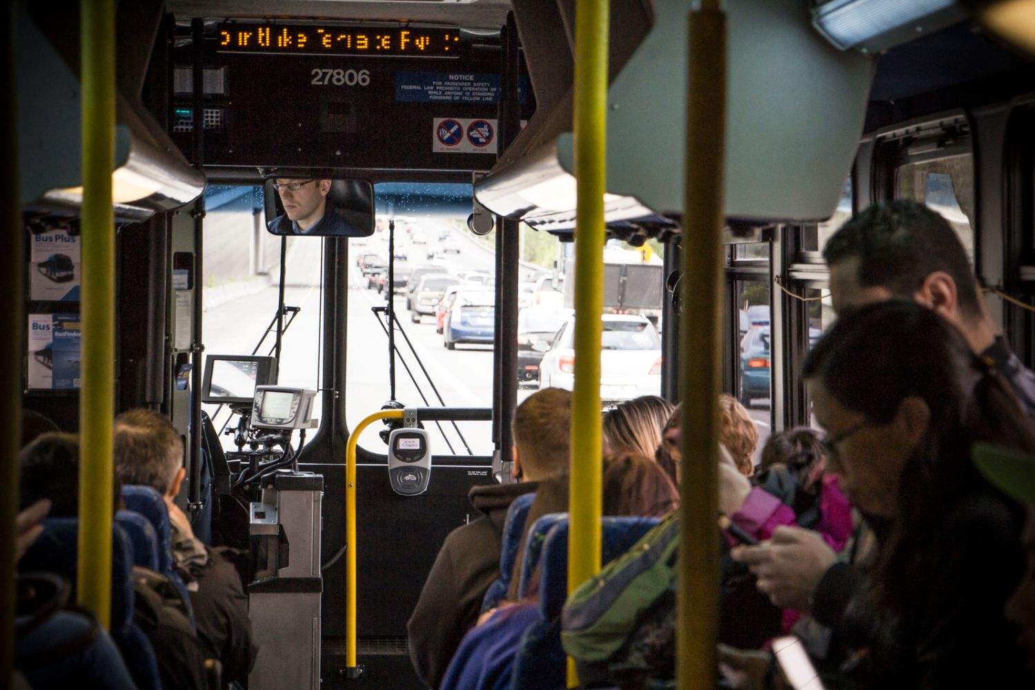 A Community Transit bus full of riders.