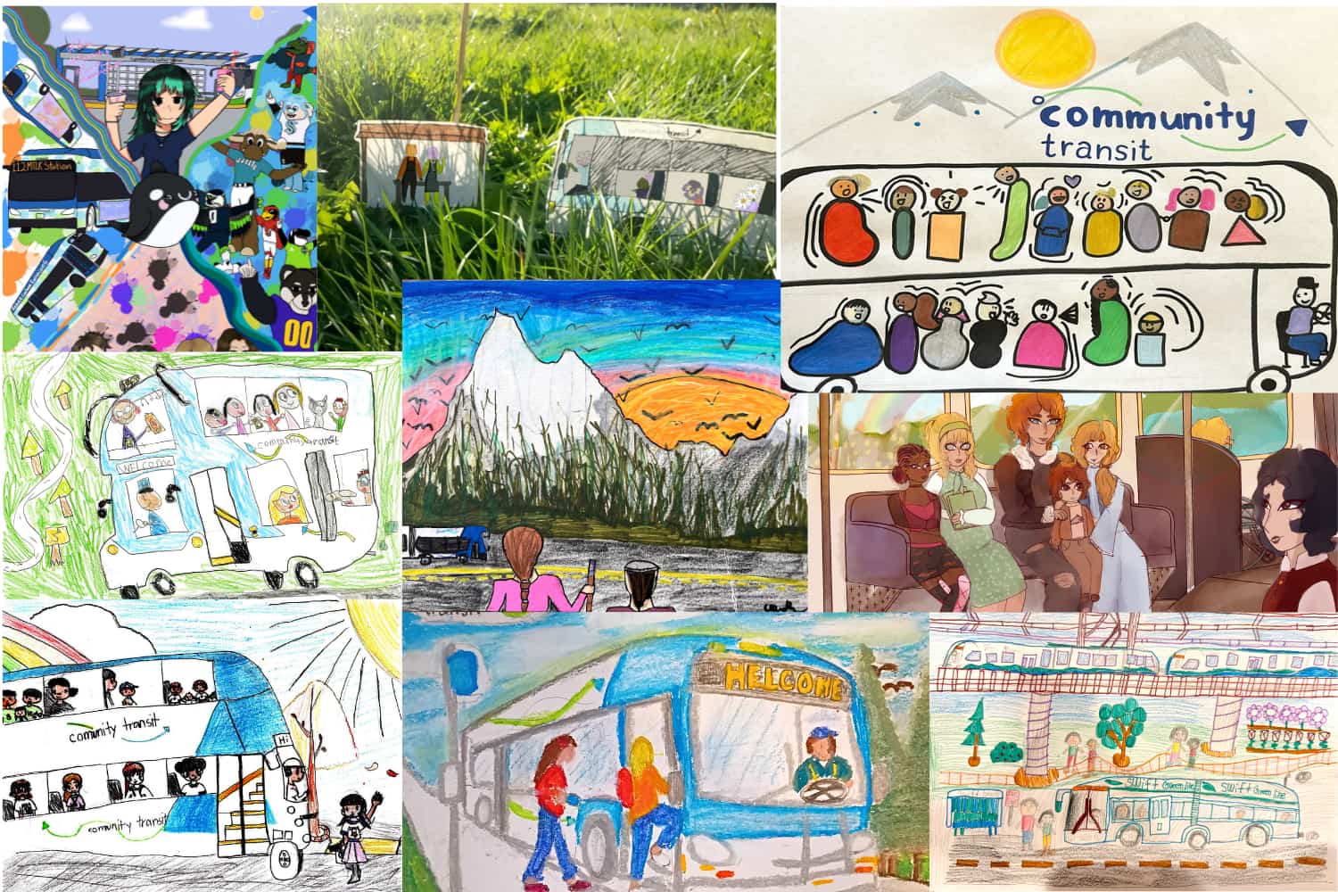 A collage of youth artwork full of bright colored illustrations and a photo