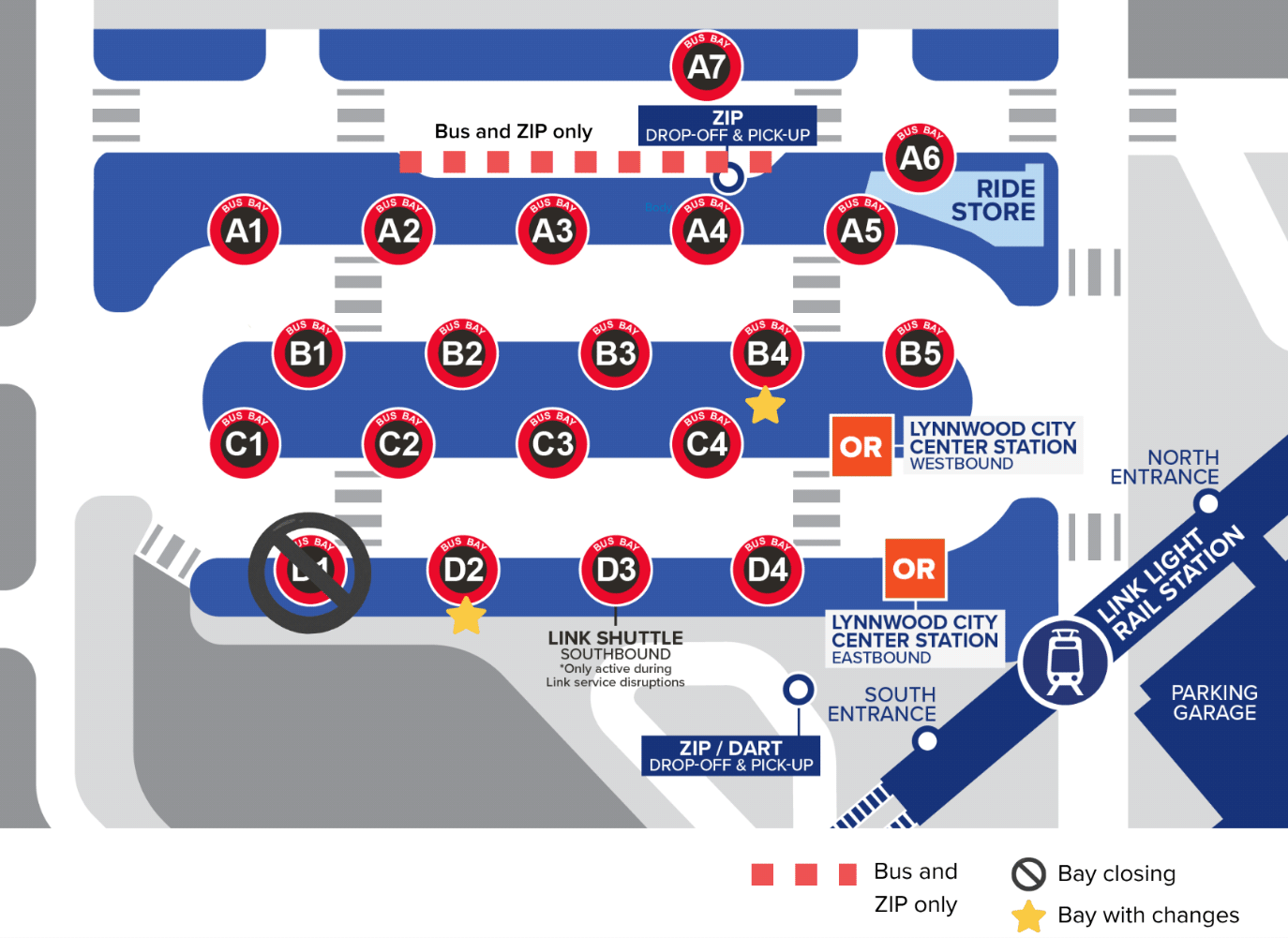 Lynnwood City Center Station bay changes map REDUCED 10.9.26 Map of Lynnwood City Center station shows how the bays are changing due to construction