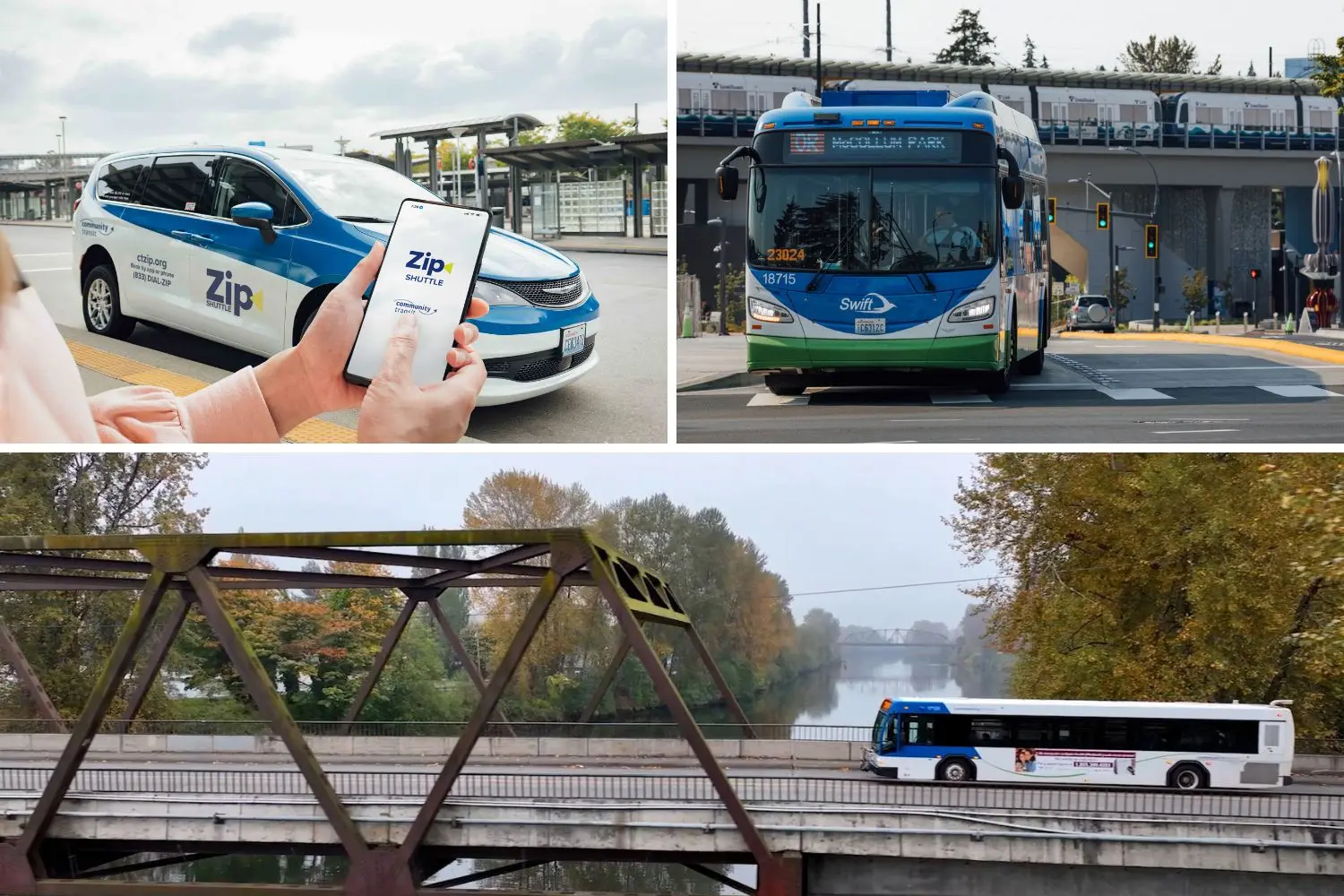 A collage showing three CT services: Zip Shuttle, Swift Orange Line and a local bus.