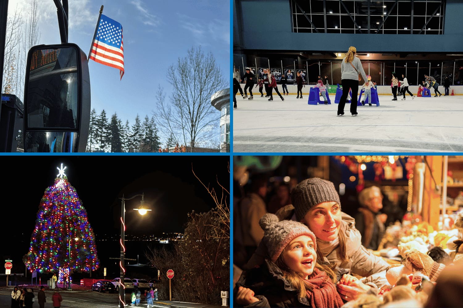A collage representing November events: Veteran's Day, Community Skate Night, Tree Lighting Ceremony and shopping at a holiday market.