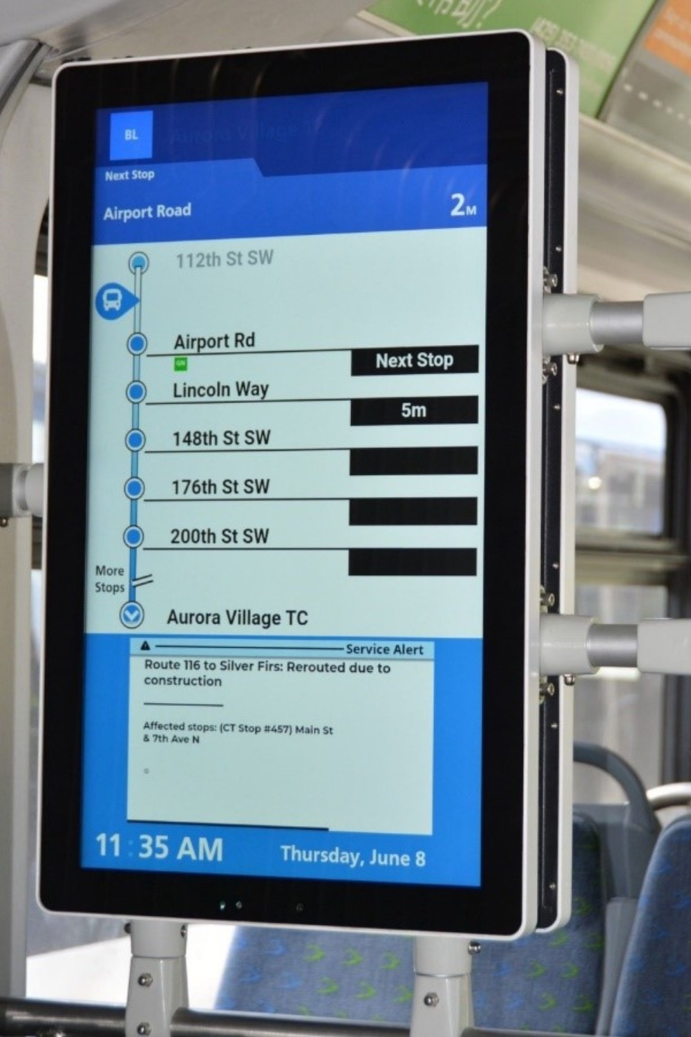 New digital onboard signage on a Community Transit Swift bus shows next stop info and service alerts