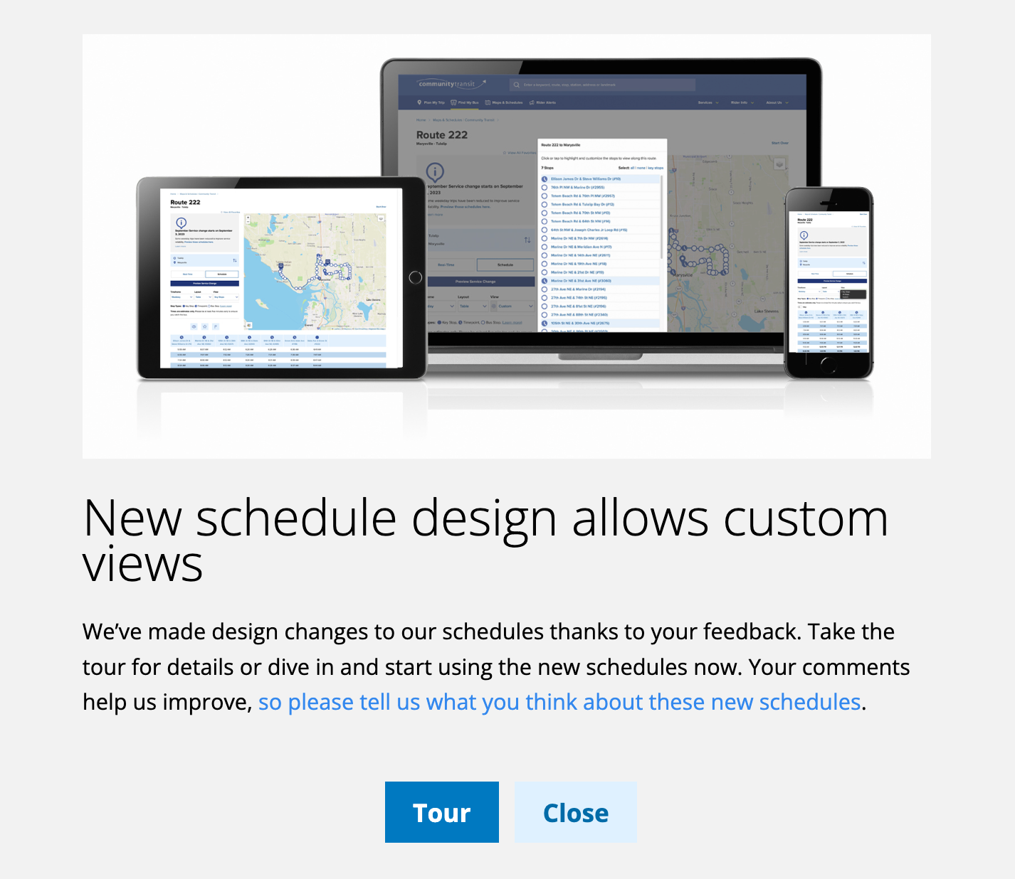 Opening image of virtual tour featuring Community Transit's new online schedule layout. A tablet, desktop and mobile phone show the same schedule layout.