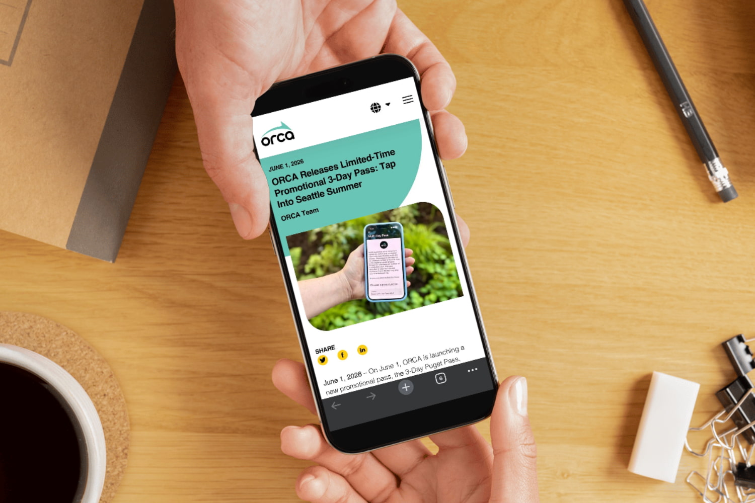 Two hands appear to be holding a mobile phone, as if passing it from one to the other. The phone shows ORCA's limited-time offer of a 3-day pass for Summer events .
