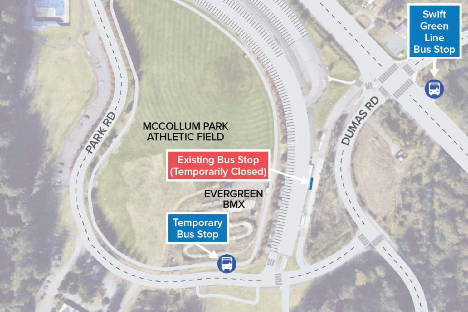 Partial Map of McCollum Park Park & Ride showing closed stops during due to construction.