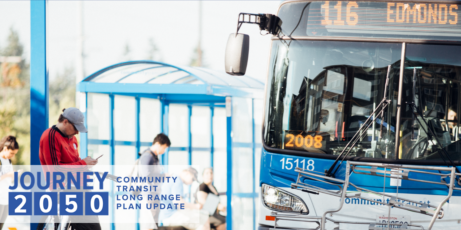 Cover image for Community Transit's draft Journey 2050 Long Range Plan shows riders on their mobile phones with a bus parked nearby.