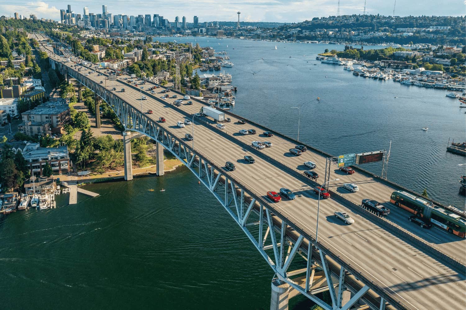 An aerial view of the Ship Canal Bridge in Seattle, WA